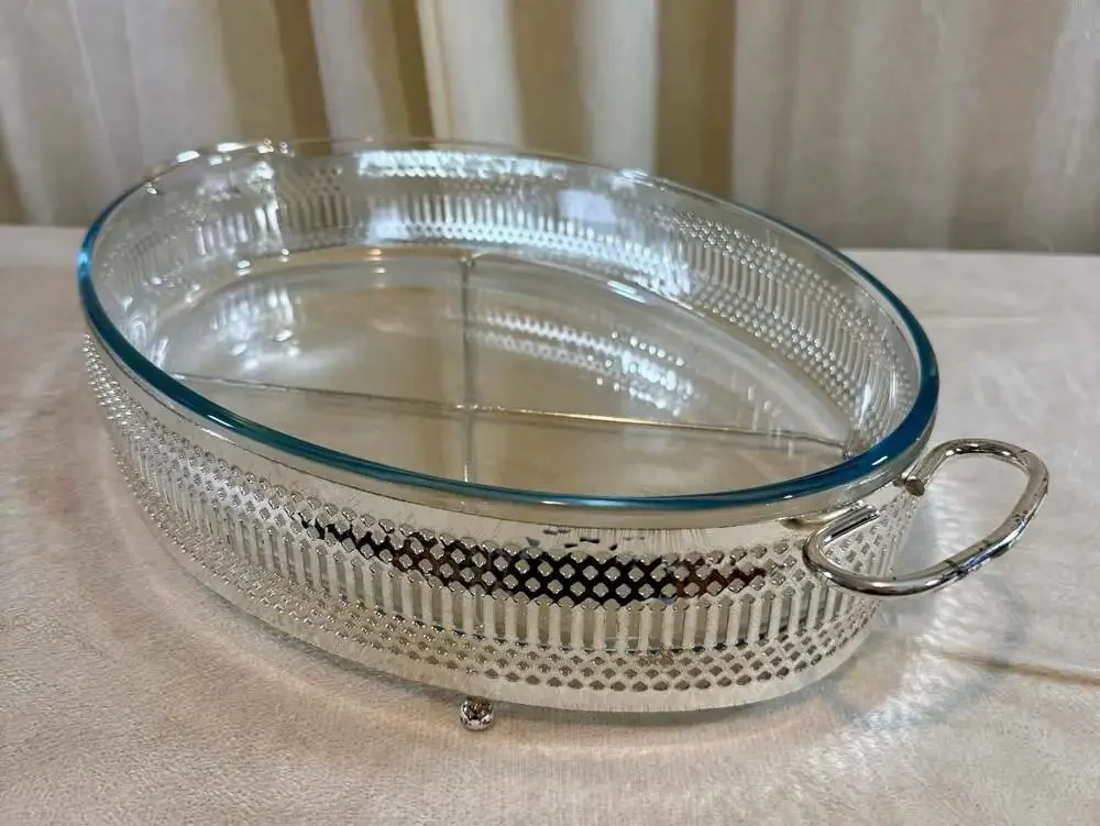 Vintage Pyrex Corning Oval Glass Casserole Baking Dish w/ Silver Plated Holder